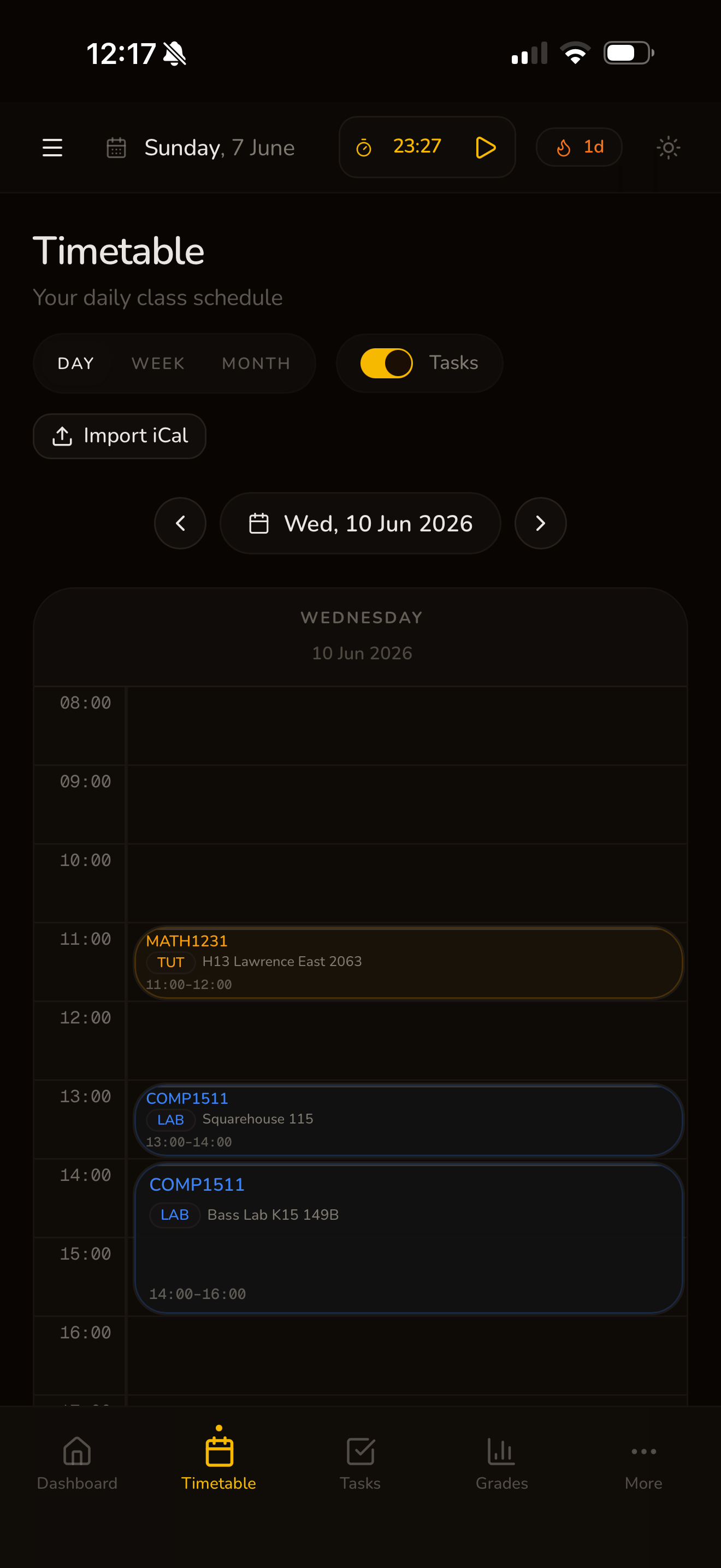 UNSW Dashboard iPhone timetable screenshot