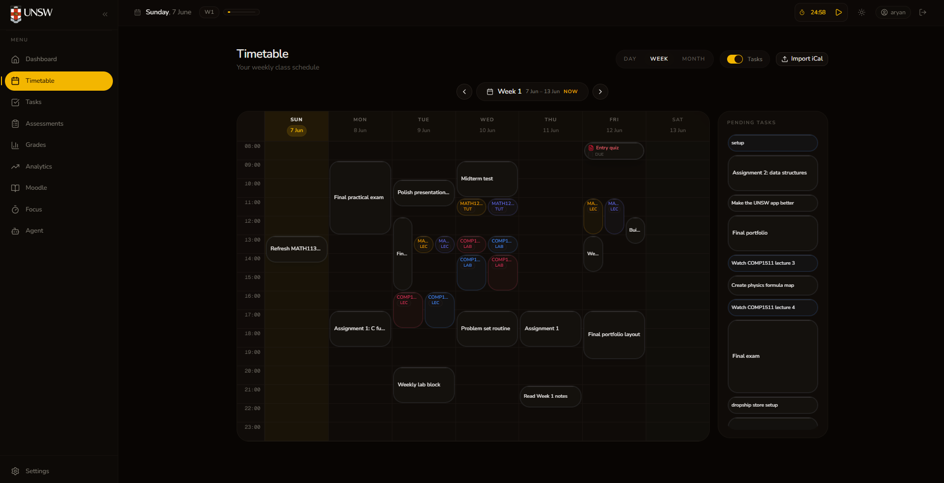 UNSW Dashboard timetable screenshot